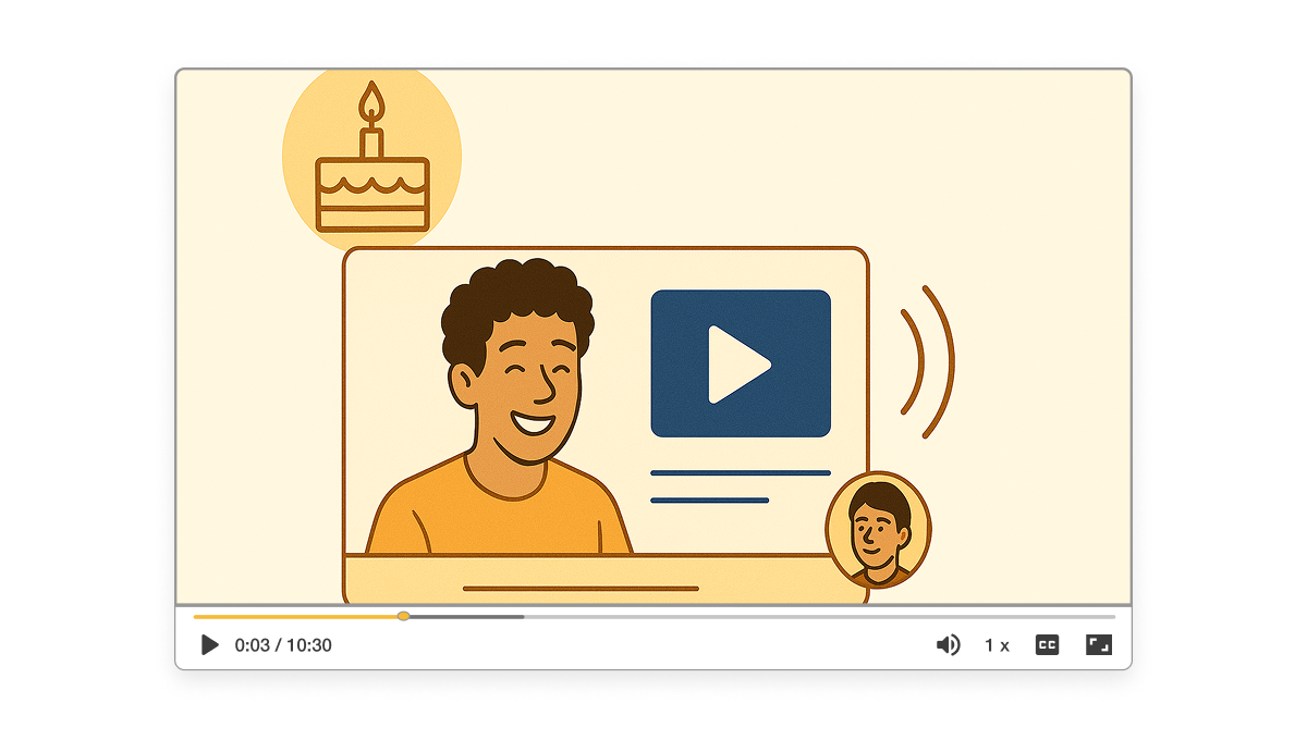 A birthday video creator by Visla shows a person recording a cheerful birthday message to make someone's day special.